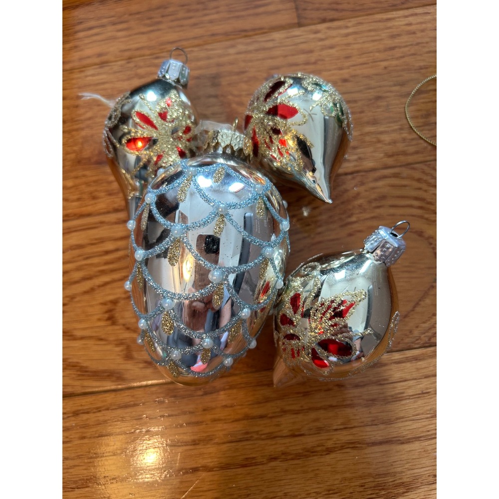 Vintage Mercury Glass Christmas Ornaments Set 4 Pearl Beaded Glitter Floral Gold